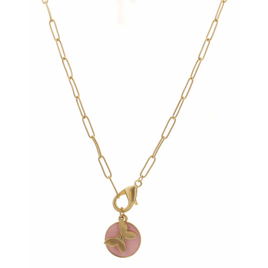 16" Pink Circle, Gold Butterfly with Lobster Claw Accent Necklace, 3" Ext