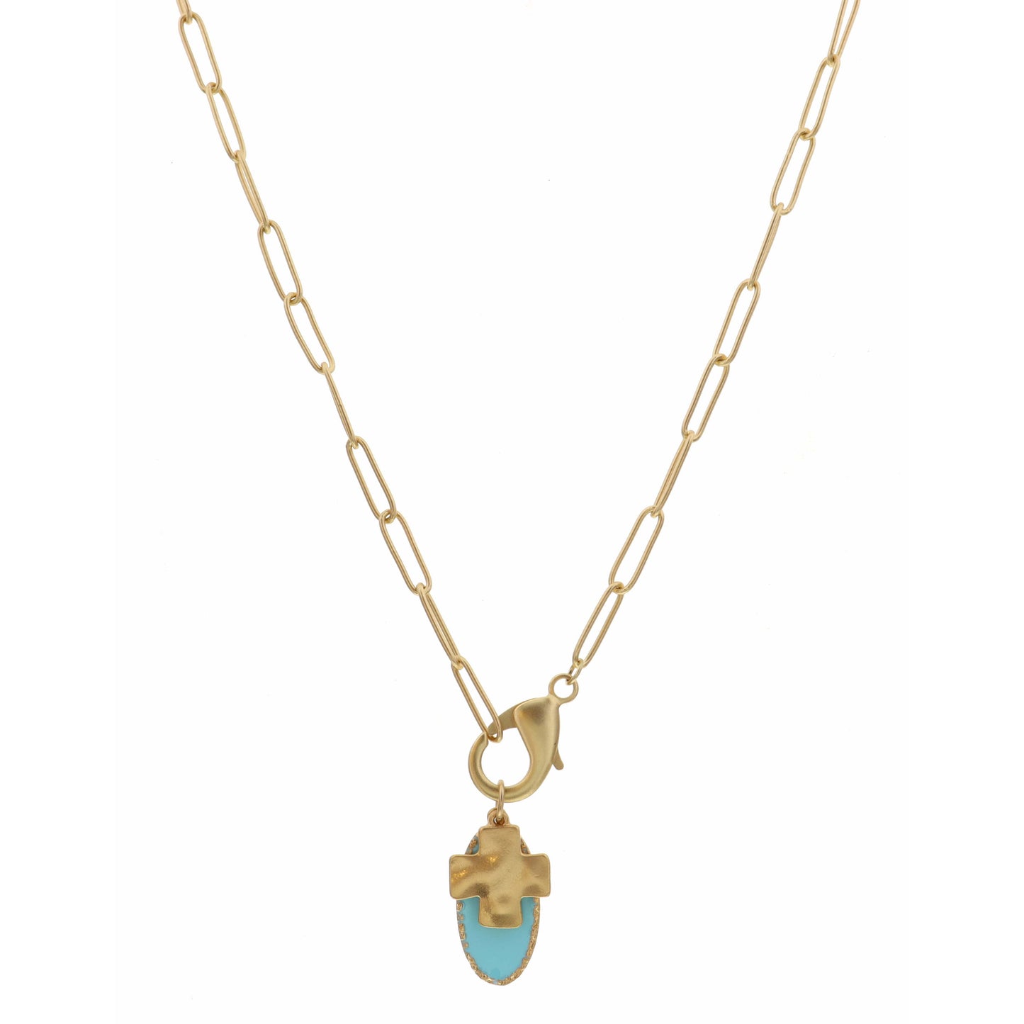16" Mint Oval, Square Cross Charm, Lobster Claw Accent Necklace, 3" Ext