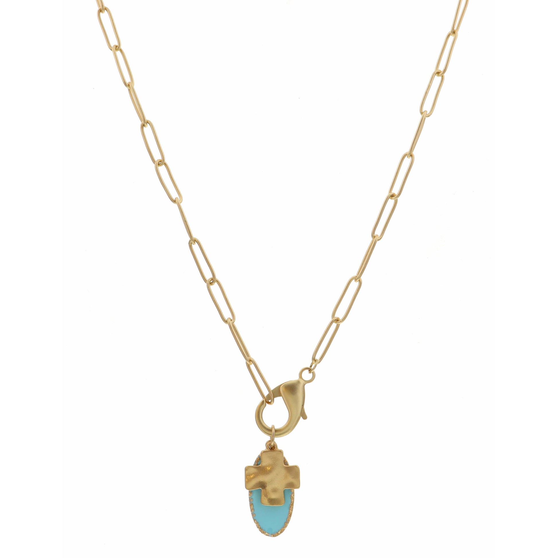 16" Mint Oval, Square Cross Charm, Lobster Claw Accent Necklace, 3" Ext