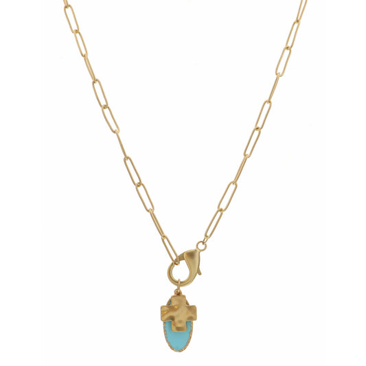 16" Mint Oval, Square Cross Charm, Lobster Claw Accent Necklace, 3" Ext