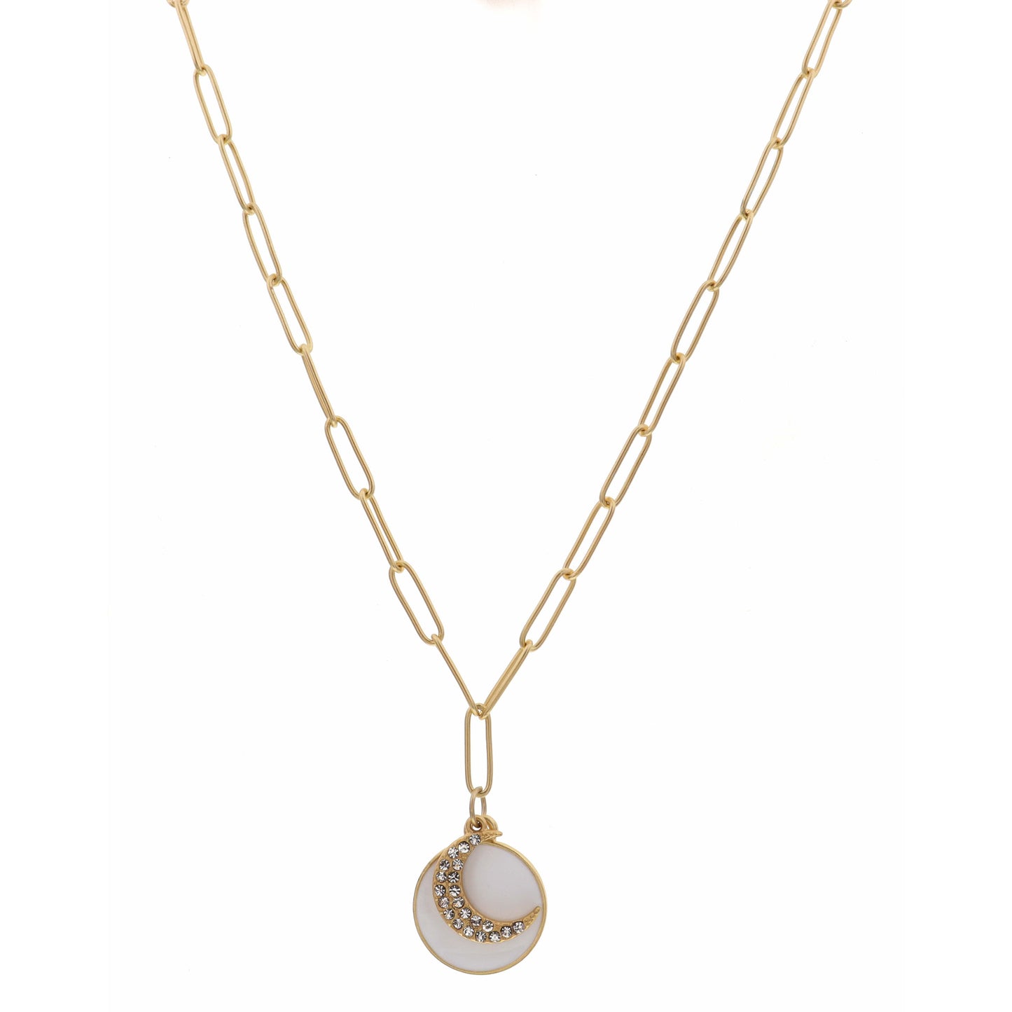 16" White Circle with Clear Crystal Moon Charm Necklace, 3" Ext