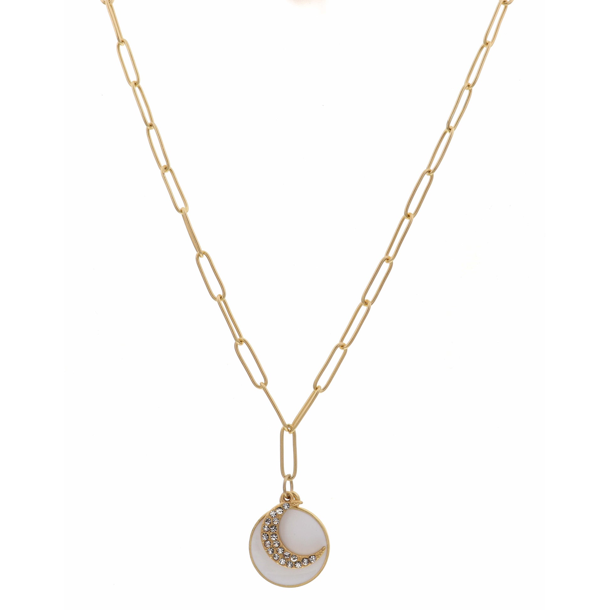 16" White Circle with Clear Crystal Moon Charm Necklace, 3" Ext