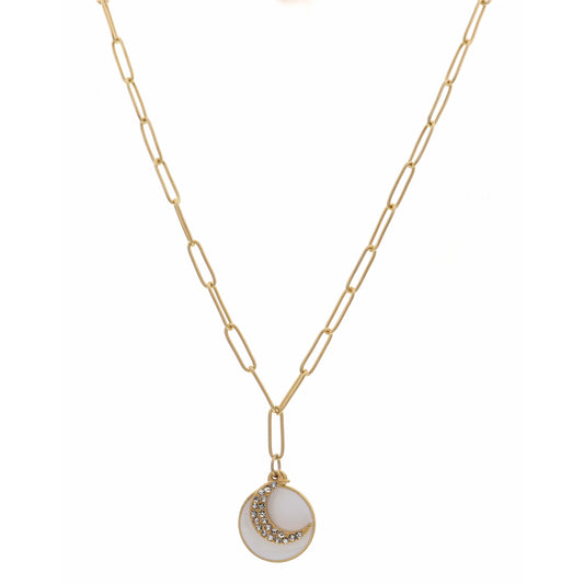 16" White Circle with Clear Crystal Moon Charm Necklace, 3" Ext