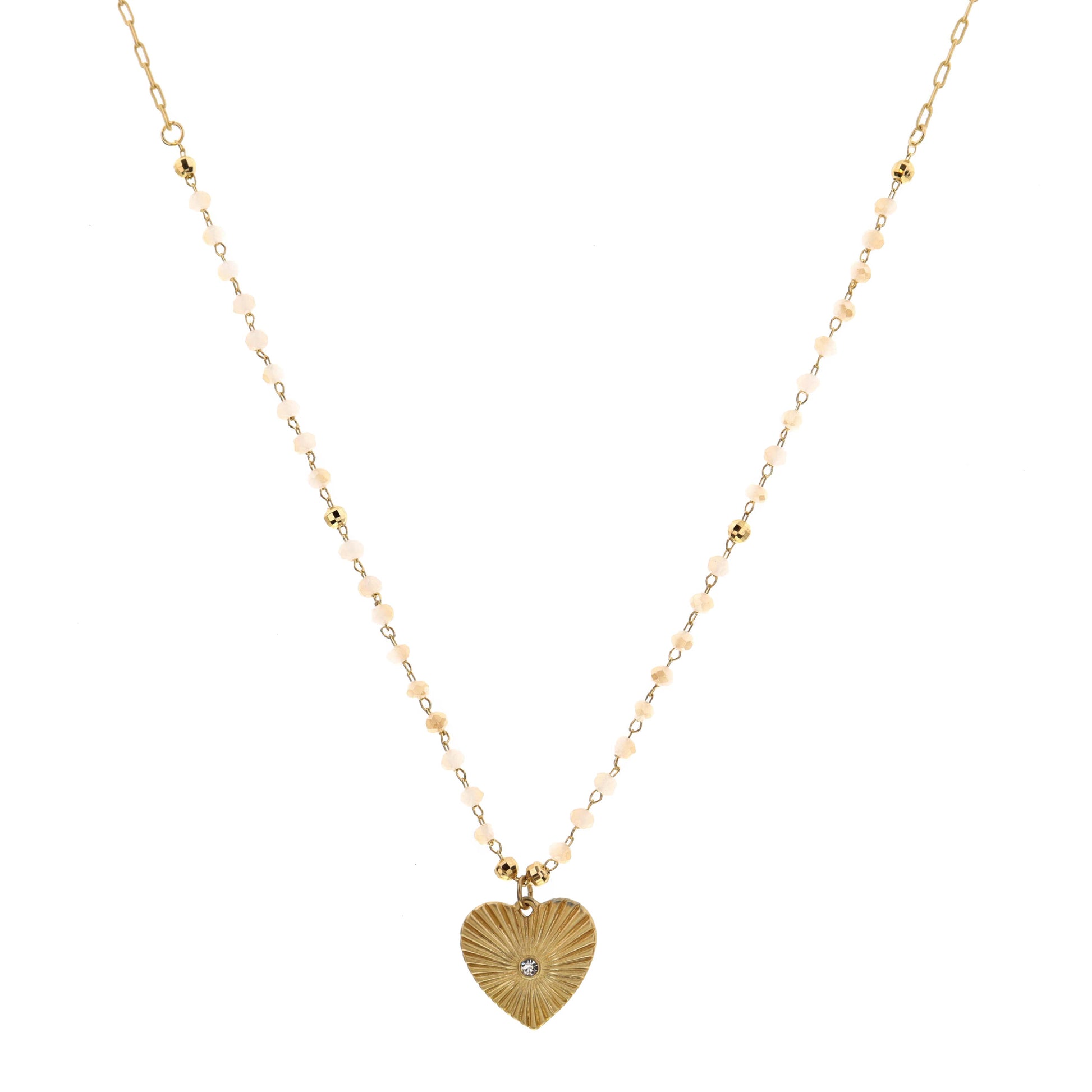 16" White Opal Tinted Champagne Stations, Textured Heart Necklace , 3" Ext