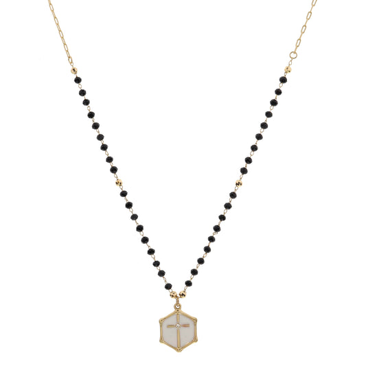 16" Jet Stations with Opal Hexagon Cross Charm Necklace , 3" Ext