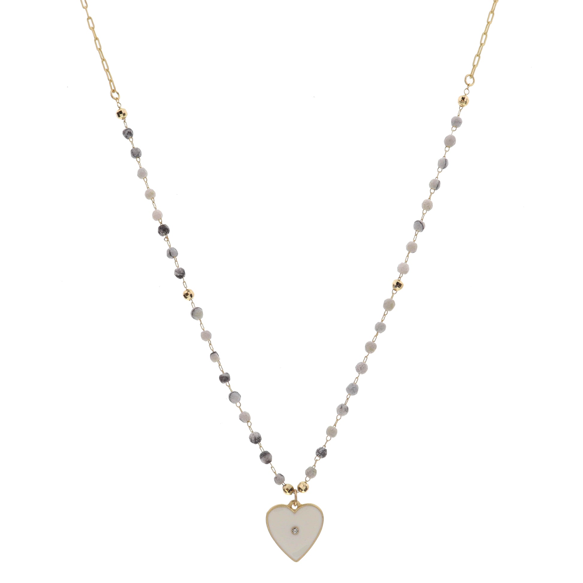 16" Map Stone Stations with Opal Heart Charm Necklace , 3" Ext
