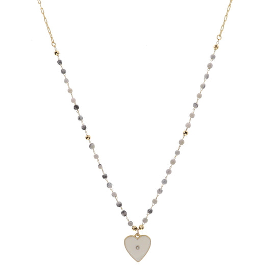 16" Map Stone Stations with Opal Heart Charm Necklace , 3" Ext