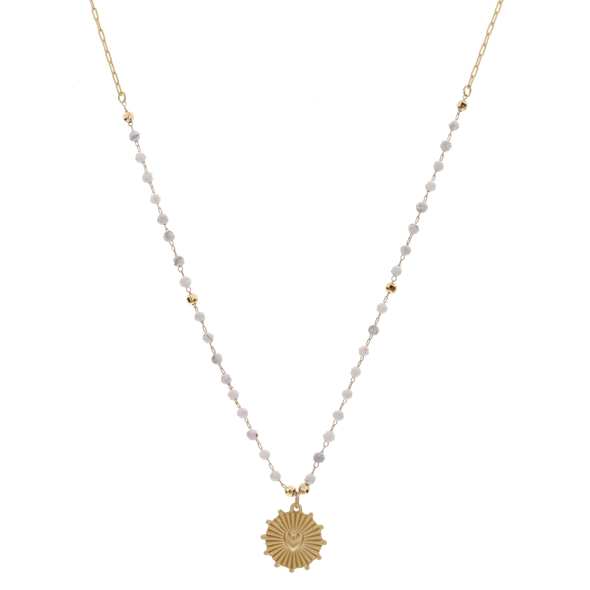 16" Howlite Stations with Stamped Heart Disc Charm Necklace , 3" Ext