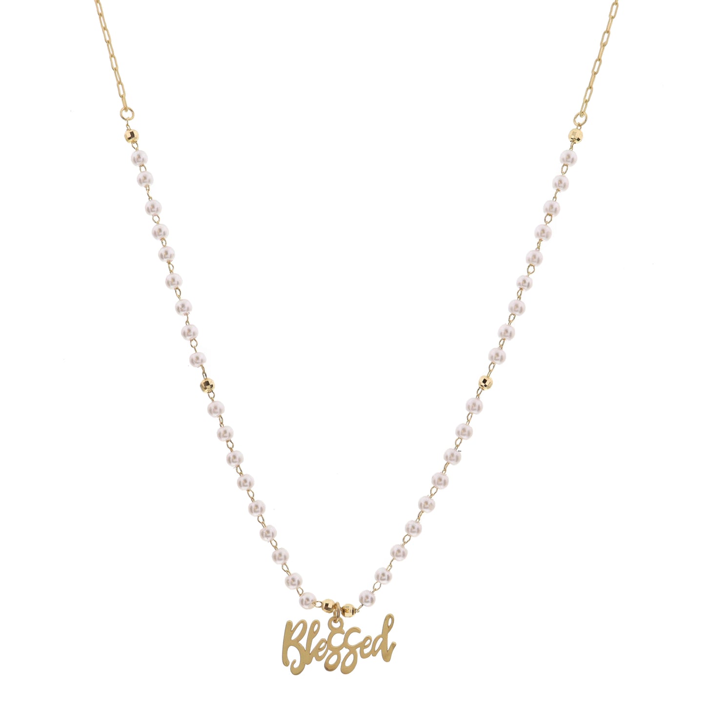 16" Pearl Stations with Blessed Charm Necklace , 3" Ext