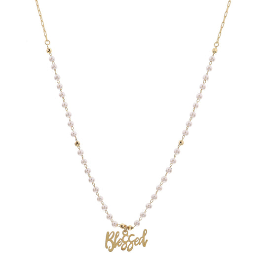 16" Pearl Stations with Blessed Charm Necklace , 3" Ext