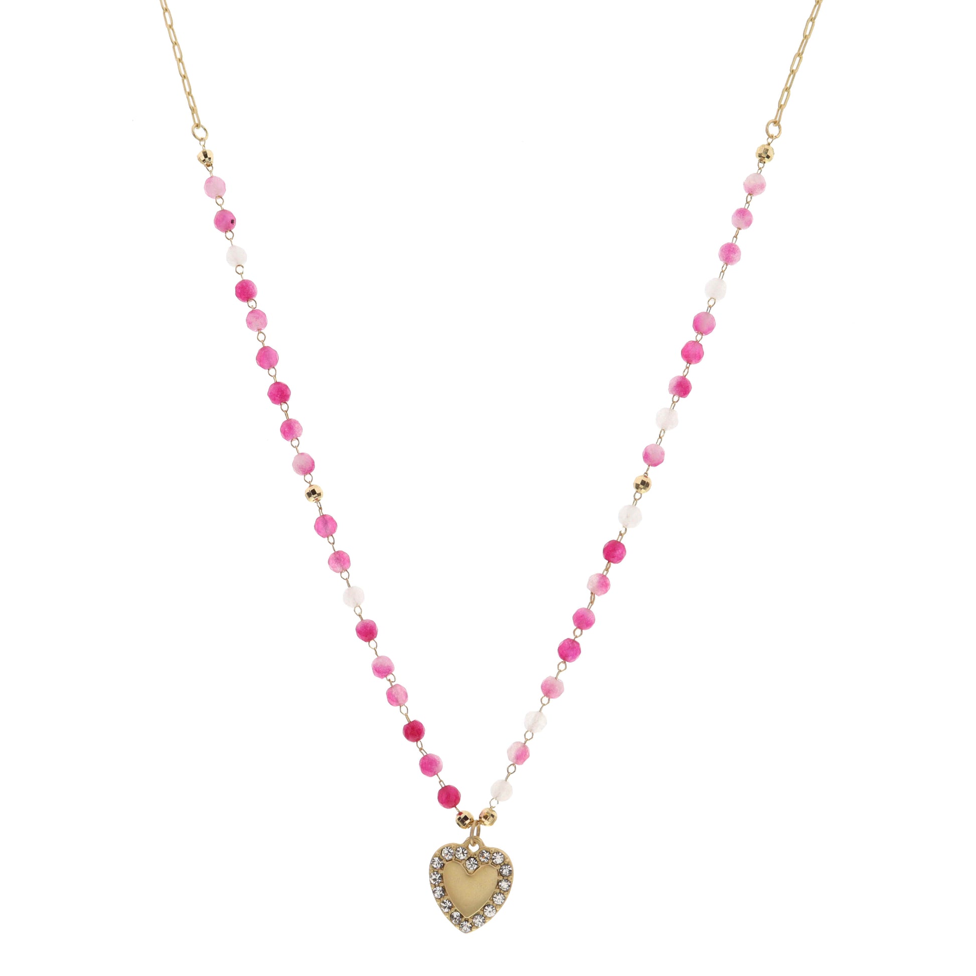 16" Rose Stations, Clear Crystal Embelished Heart Charm Necklace , 3" Ext