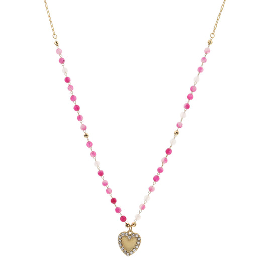 16" Rose Stations, Clear Crystal Embelished Heart Charm Necklace , 3" Ext