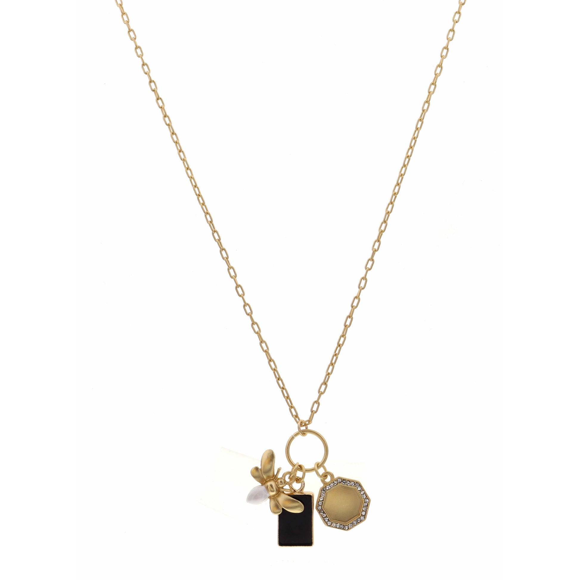 16" Jet Hexagon, White Bee, Gold Hexagon Necklace , 3" Ext