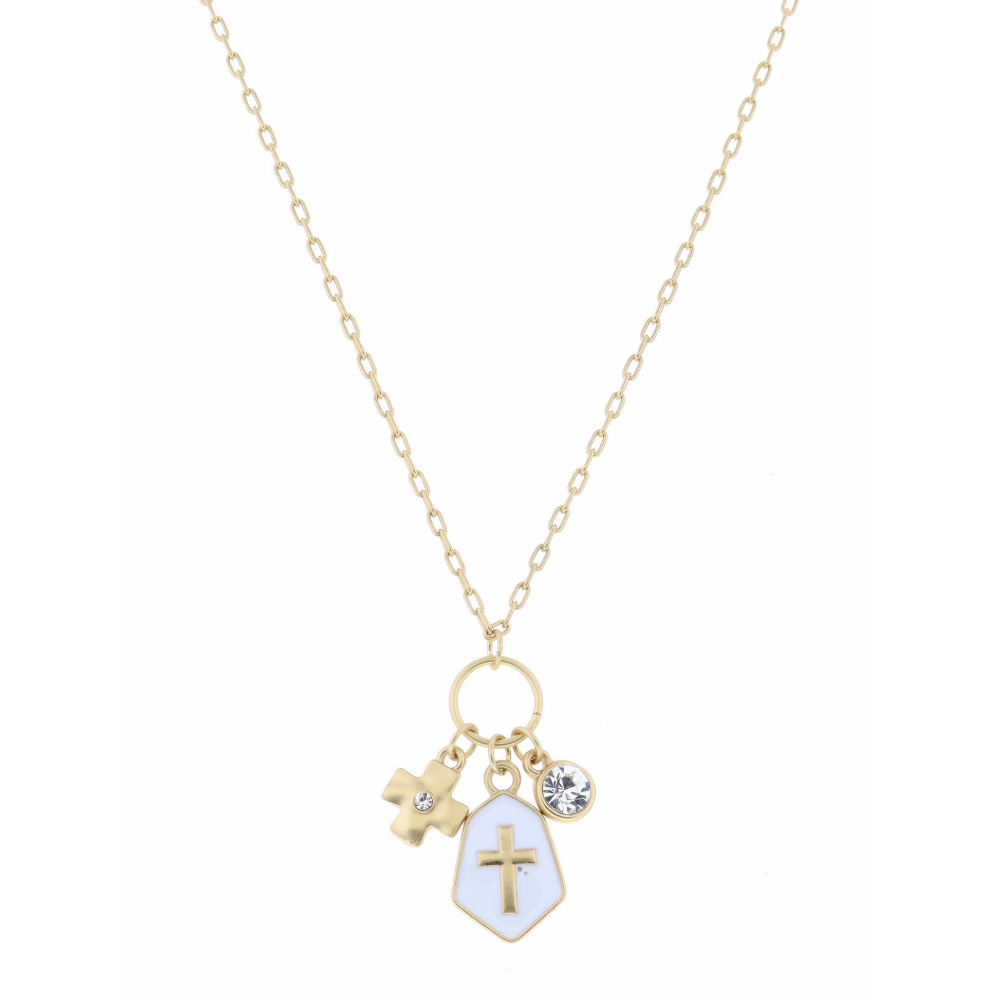 16" Gold Square Cross, White Hexagon with Cross, and Clear Encased Crystal Necklace , 3" Ext