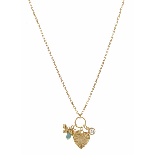 16" Mint Bee, Textured Heart, and Cabachon Pearl Necklace , 3" Ext