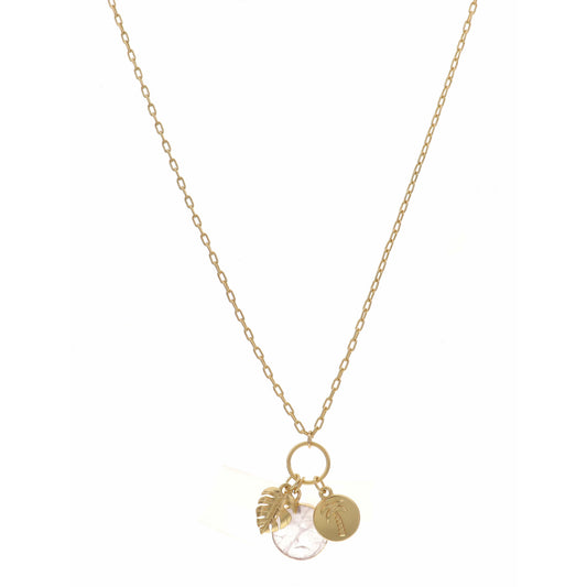 16" Gold Palm Leaf, Quartz Circle, Stamp Palm Tree Disc Necklace , 3" Ext