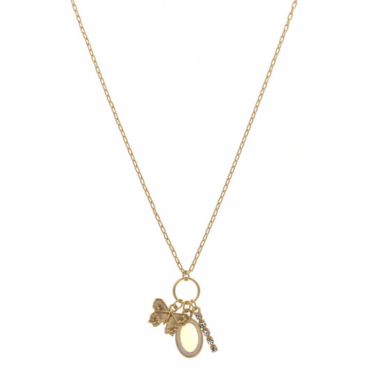 16" Gold Butterfly, Opal Oval, and Clear Crystal Bar Necklace , 3" Ext
