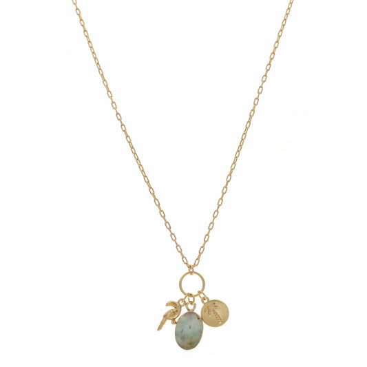 16" Gold 3D Tucan, Sage Oval, Stamped Palm Tree Disc Necklace , 3" Ext