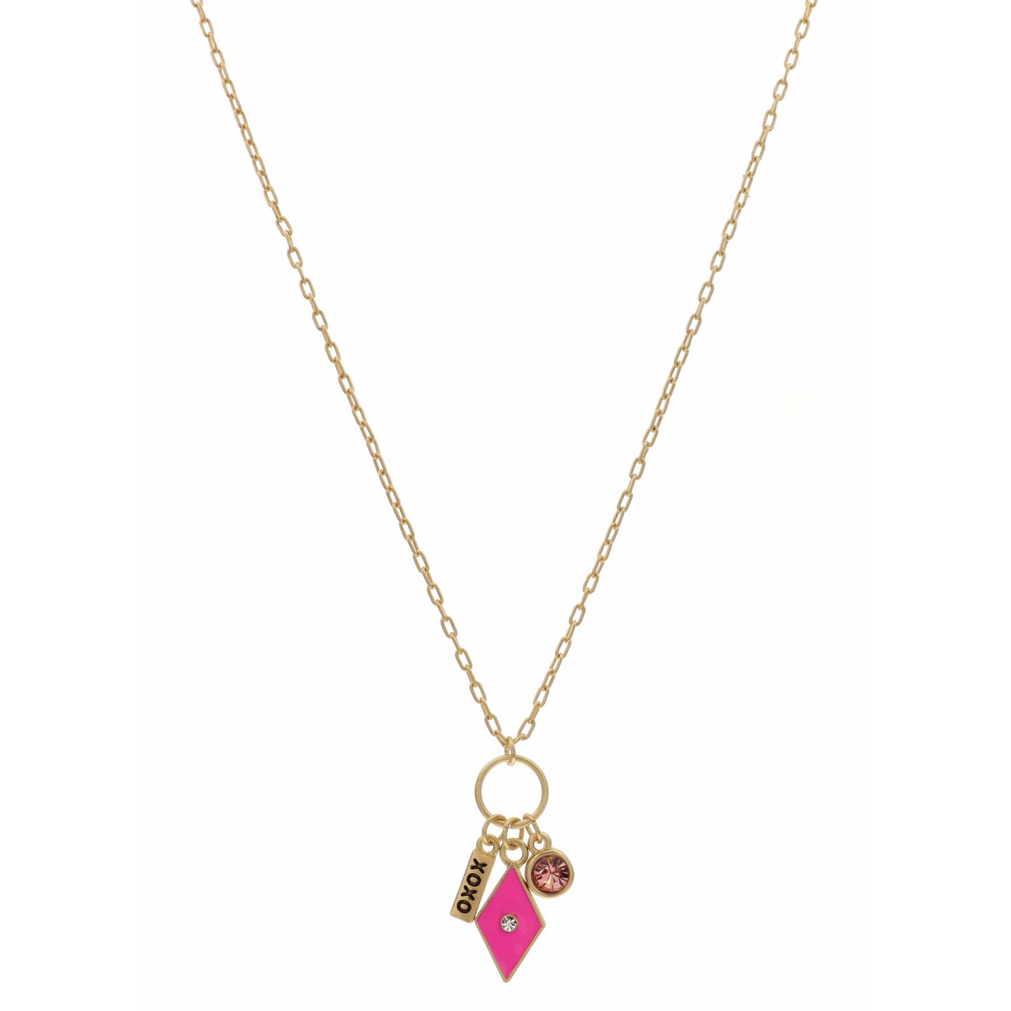 16" XOXO Bar, Hot Pink Diamond, and Pink Crystal Necklace , 3" Ext