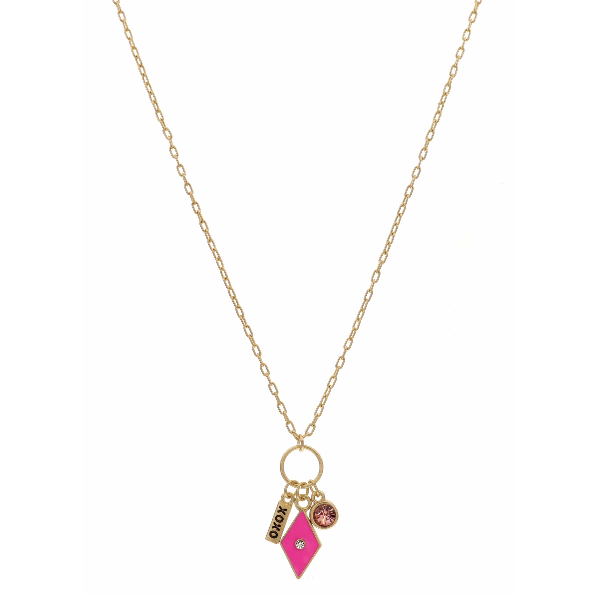 16" XOXO Bar, Hot Pink Diamond, and Pink Crystal Necklace , 3" Ext