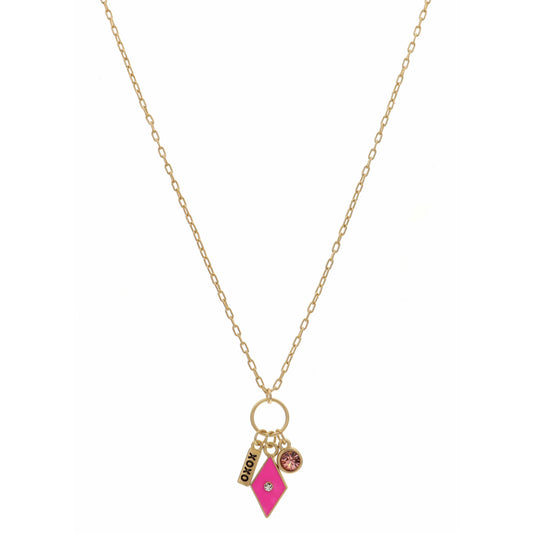 16" XOXO Bar, Hot Pink Diamond, and Pink Crystal Necklace , 3" Ext