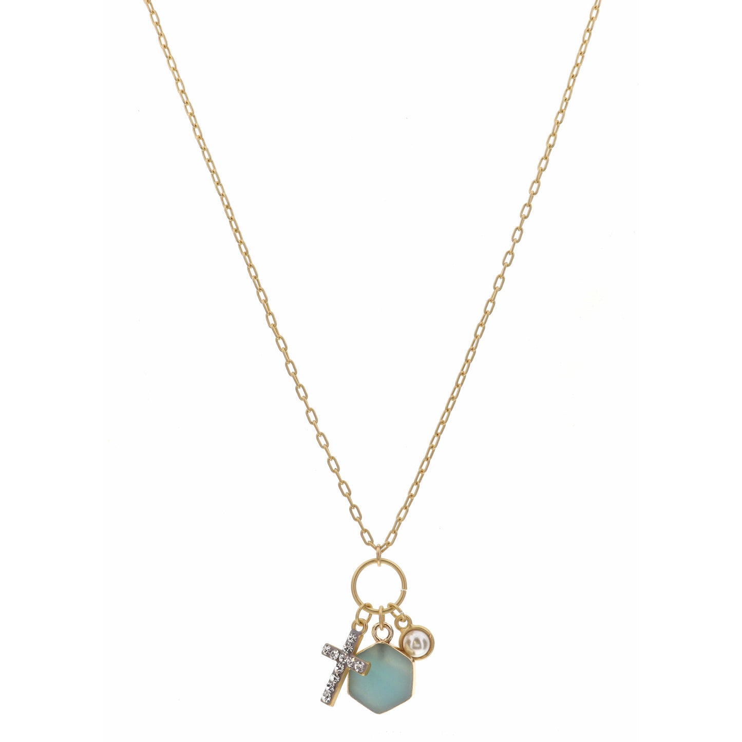 16" Cabachon Pearl, Ocean Hexagon, Clear Crystal Cross Necklace , 3" Ext