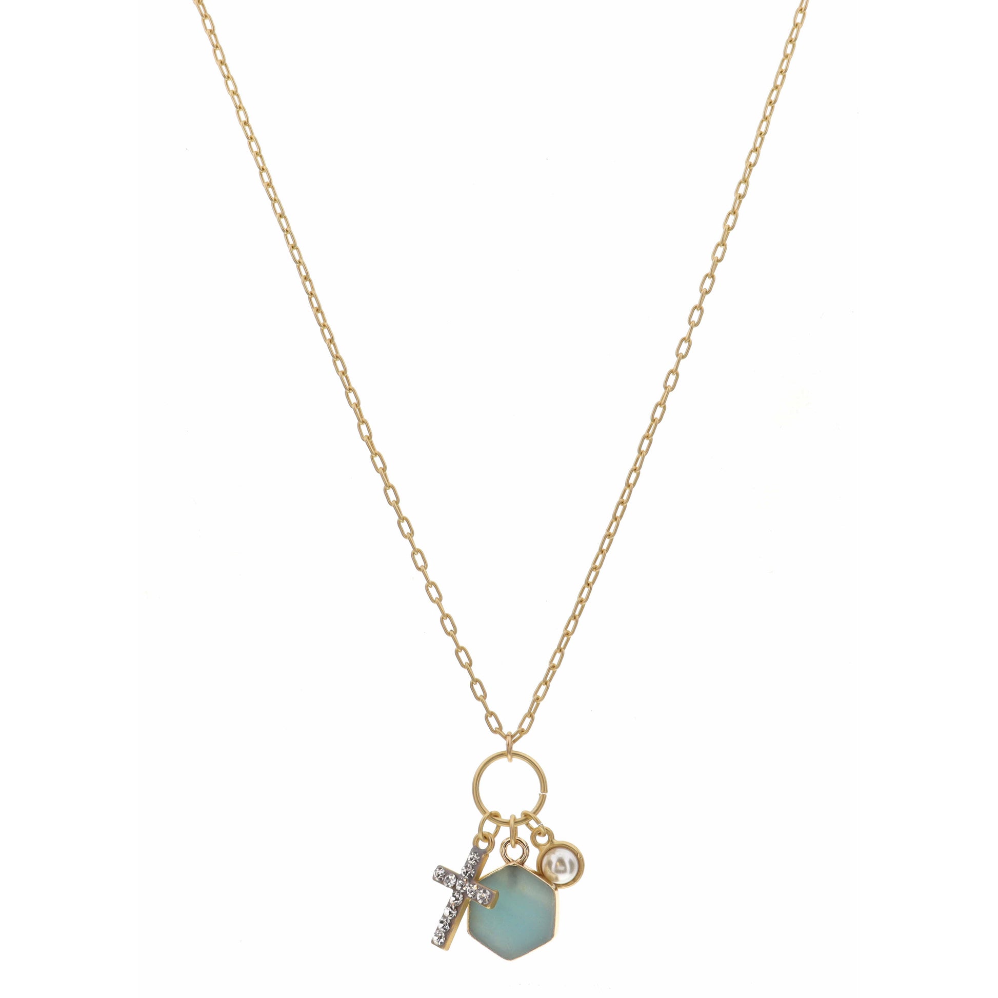 16" Cabachon Pearl, Ocean Hexagon, Clear Crystal Cross Necklace , 3" Ext