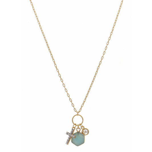 16" Cabachon Pearl, Ocean Hexagon, Clear Crystal Cross Necklace , 3" Ext