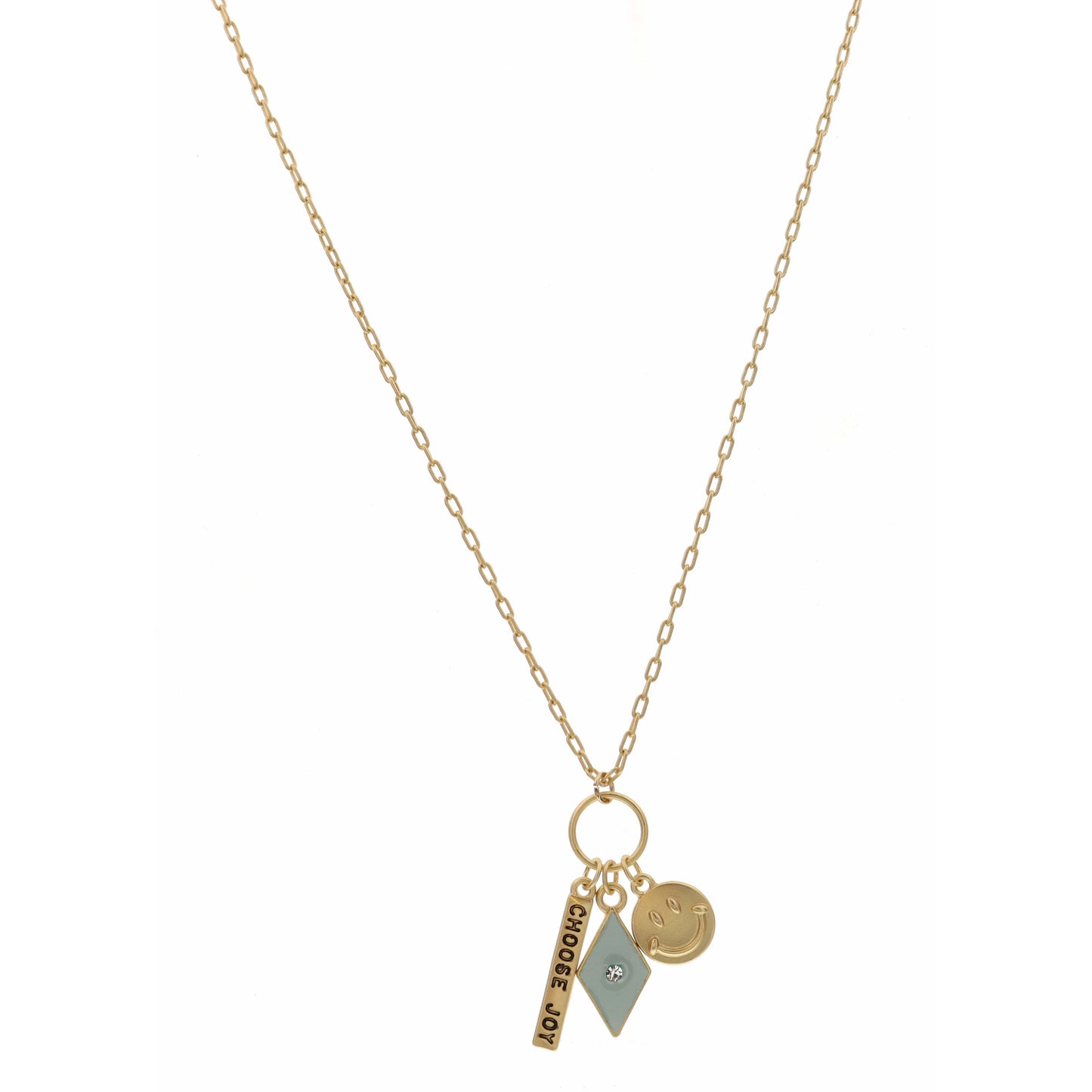 16" Choose Joy Bar, Mint Diamond, and Gold Smiley Face Necklace , 3" Ext