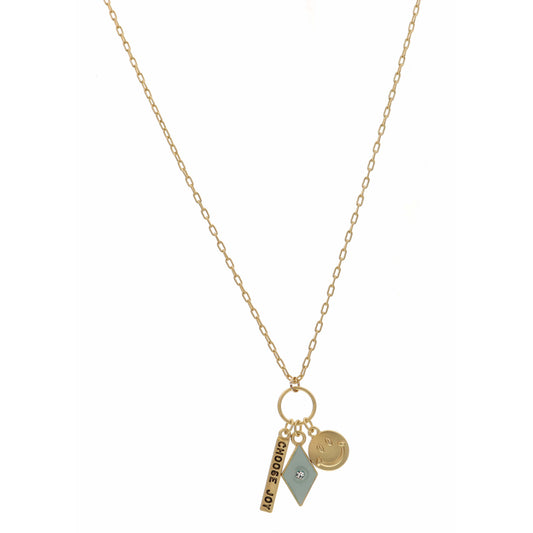 16" Choose Joy Bar, Mint Diamond, and Gold Smiley Face Necklace , 3" Ext