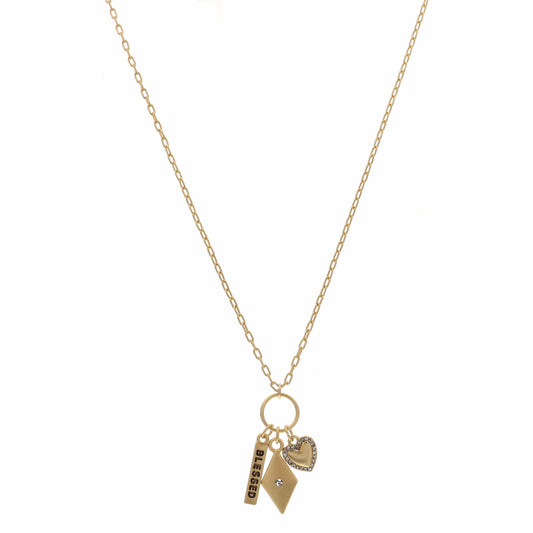 16" Blessed Bar, Gold Diamond, Clear Crystal Heart Necklace , 3" Ext