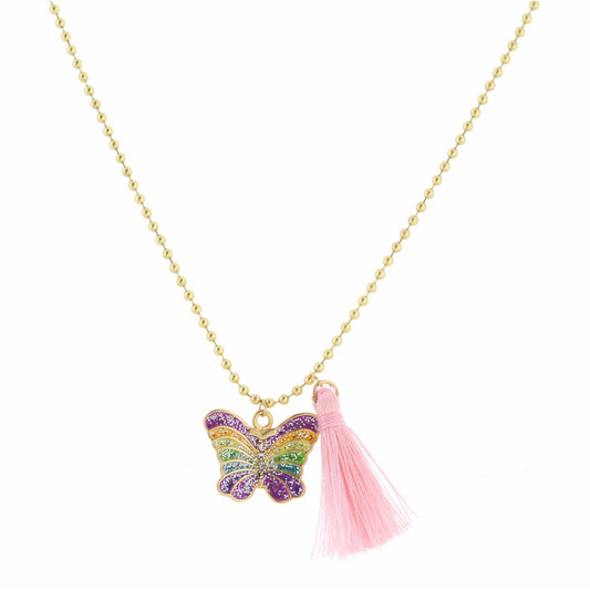 Kids 14" Multi Butterfly with Pink Tassel Necklace, 2" Ext