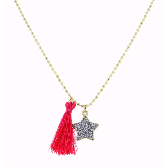 Kids 14" Silver Glitter Star with Hot Pink Tassel Necklace, 2" Ext