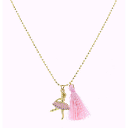 Kids 14" Ballerina with Pink Tassel Necklace, 2" Ext
