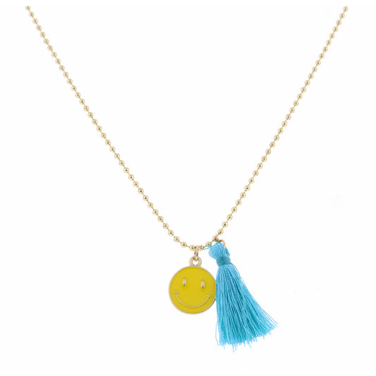 Kids 14" Yellow Smiley Face with Teal Tassel Necklace, 2" Ext