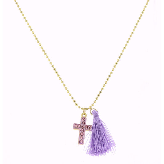 Kids 14" Pink Cross with Purple Tassel Necklace, 2" Ext