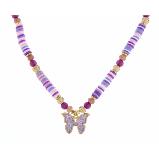 Kids 14" Purple Glitter Butterfly on Purple Rubber Sequins Necklace, 2" Ext