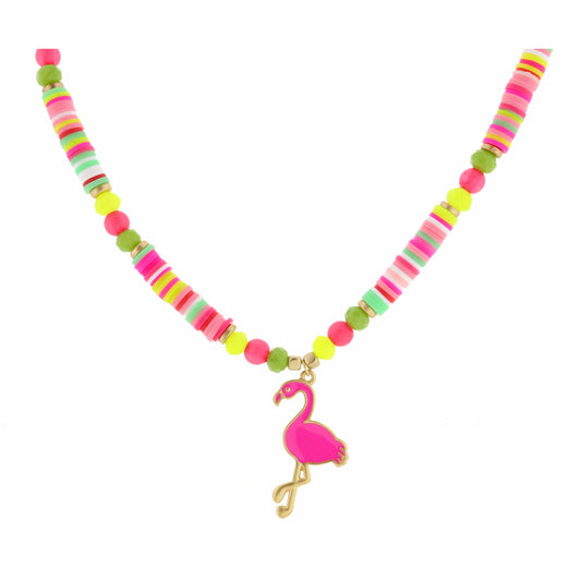 Kids 14" Hot Pink Flamingo on Pink and Lime Rubber Sequins Necklace, 2" Ext