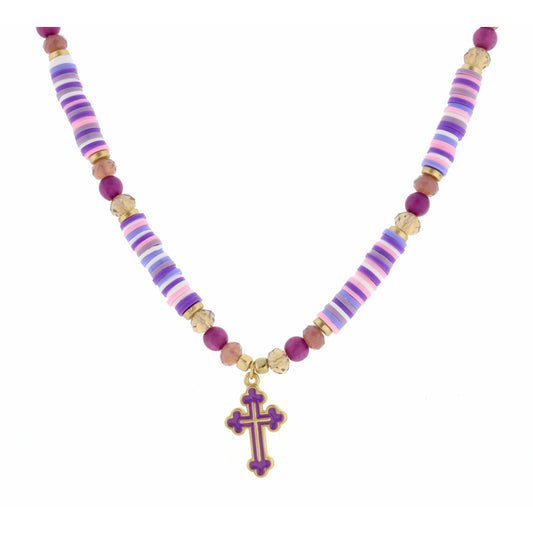 Kids 14" Purple Cross on Purple Rubber Sequins Necklace, 2" Ext