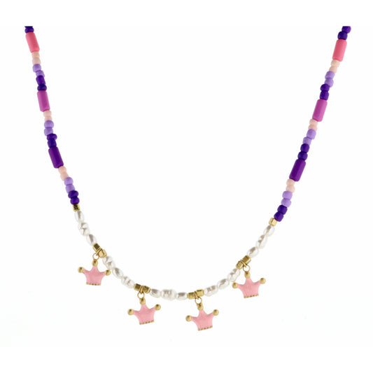 Kids 14" Pink Crowns on Purple Seedbead & Pearl Necklace, 2" Ext