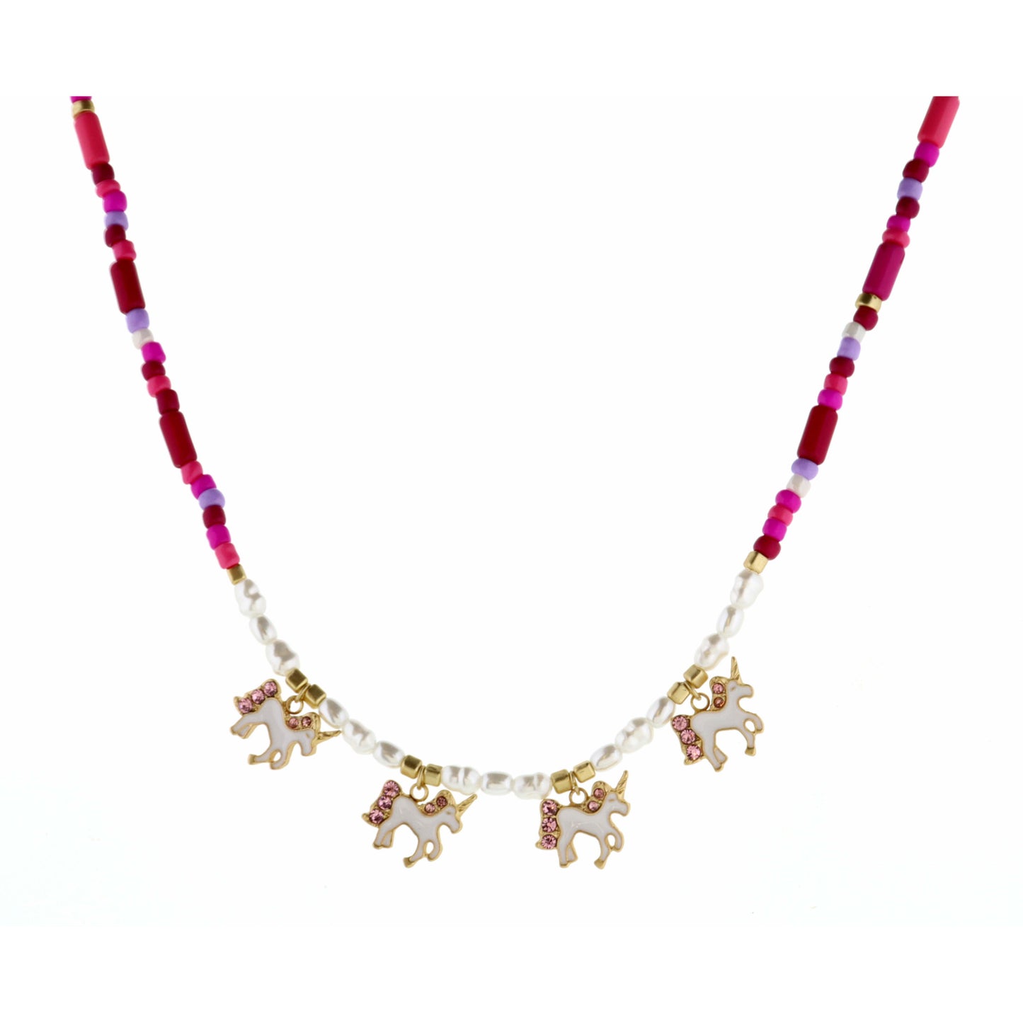 Kids 14" Unicorns on Pink Seedbead & Pearl Necklace, 2" Ext