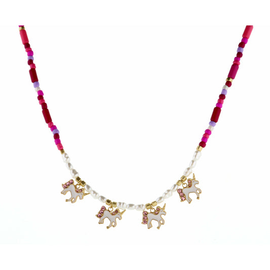 Kids 14" Unicorns on Pink Seedbead & Pearl Necklace, 2" Ext