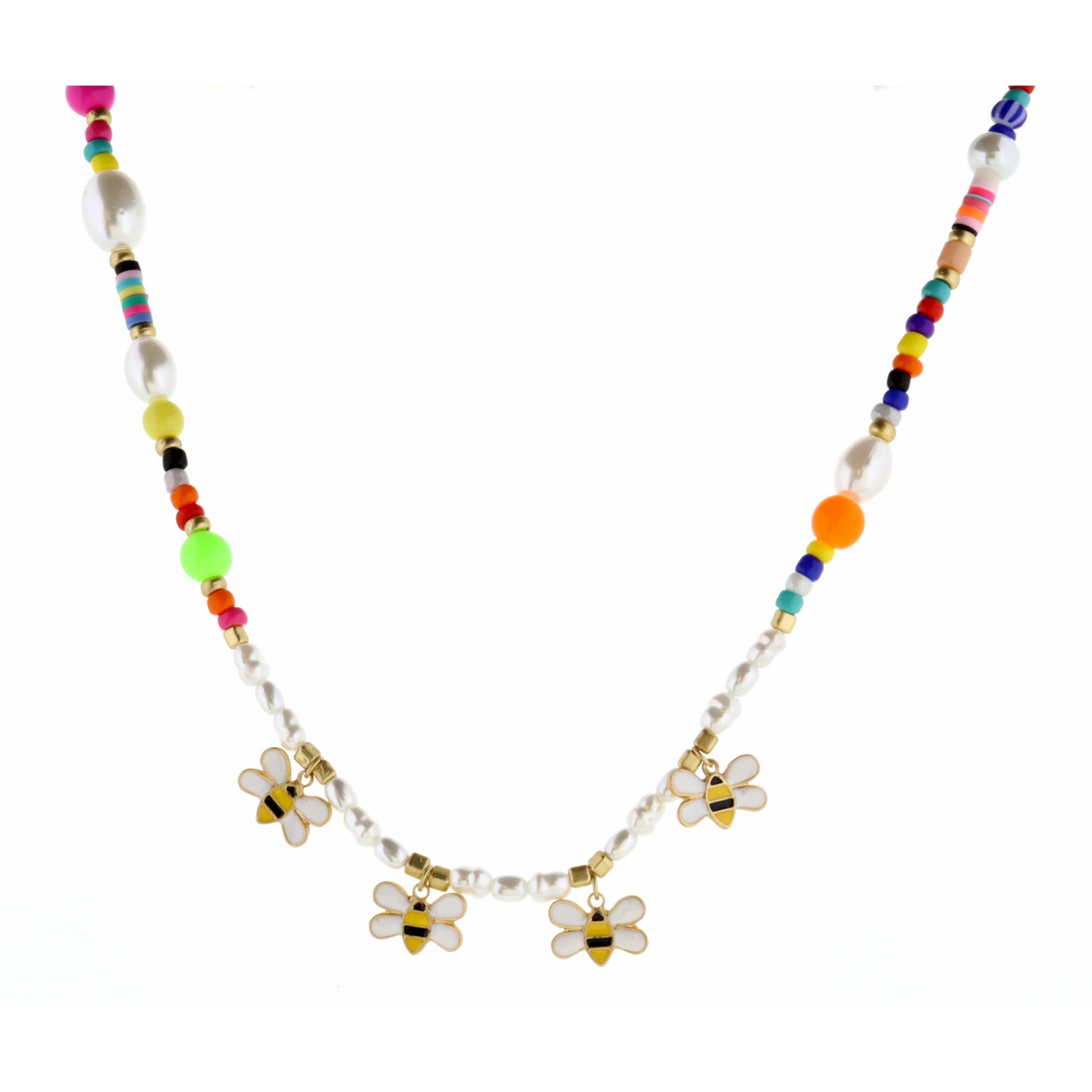 Kids 14" Bees on Multi Seedbead & Pearl Necklace, 2" Ext