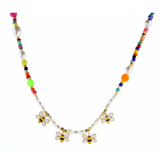Kids 14" Bees on Multi Seedbead & Pearl Necklace, 2" Ext