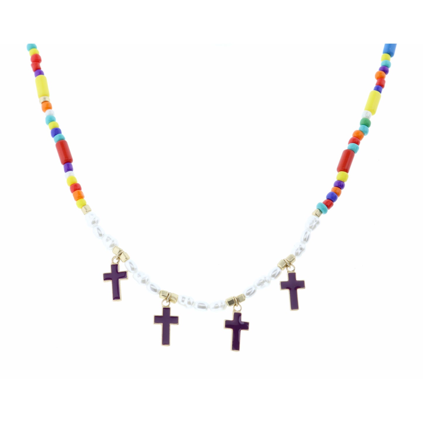 Kids 14" Purple Crosses on Multi Seedbead & Pearl Necklace, 2" Ext