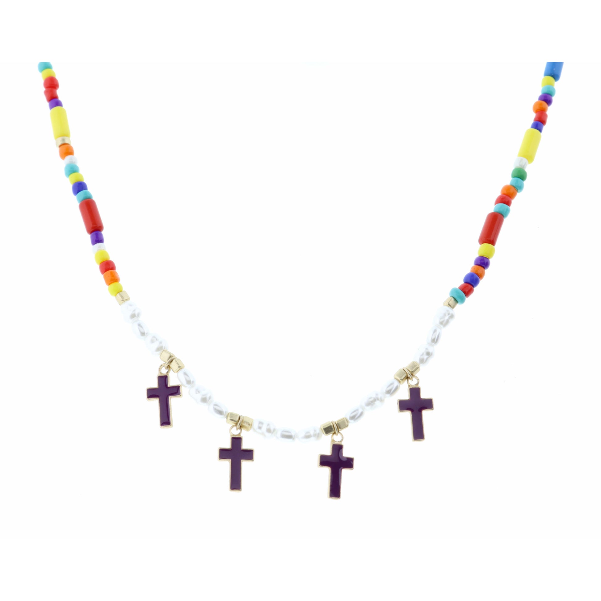Kids 14" Purple Crosses on Multi Seedbead & Pearl Necklace, 2" Ext