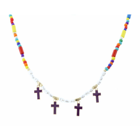 Kids 14" Purple Crosses on Multi Seedbead & Pearl Necklace, 2" Ext