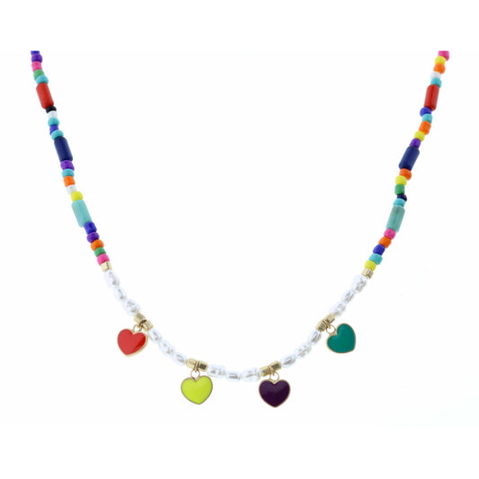 Kids 14" Multi Hearts on Multi Seedbeads & Pearl Necklace, 2" Ext