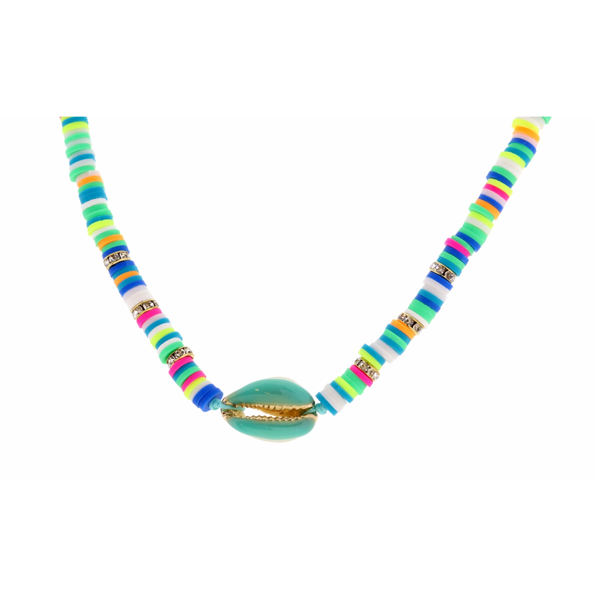 Kids 14" Teal Shell on Multi Rubber Sequins Necklace, 2" Ext