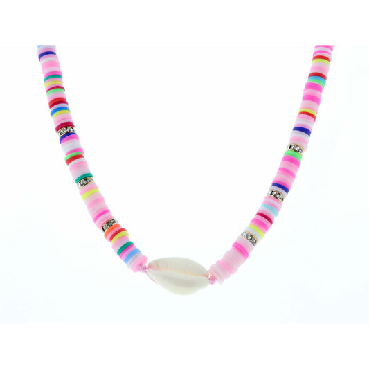 Kids 14" White Shell, Multi Rubber Sequin & Pink Knot Chain Necklace, 2" Ext